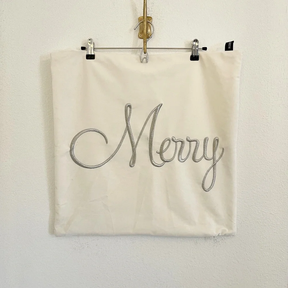 ‘Merry’ Christmas Holiday Velvet Pillow Cover Silver and White, 20”x20”
